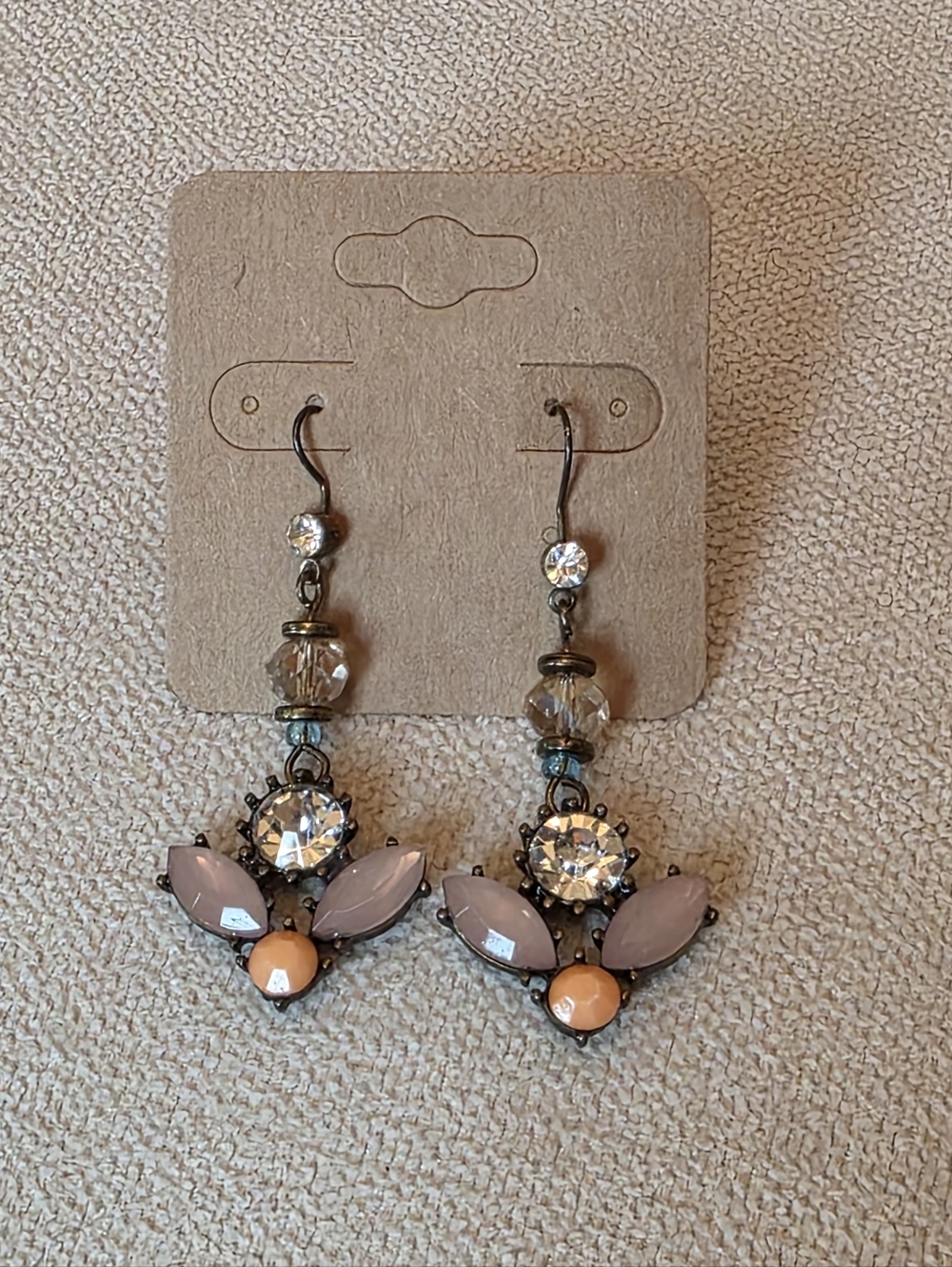 Vintage Style Statement Earrings Crystal Mauve Peach Drop Dangle